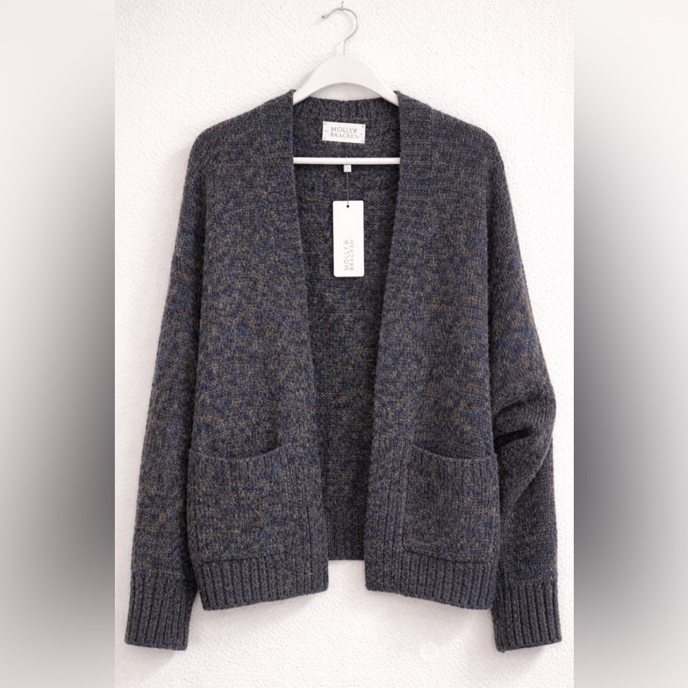 Molly Bracken Blue Gold Metallic Fleck Knit Open Cardigan Pockets Size Small NWT